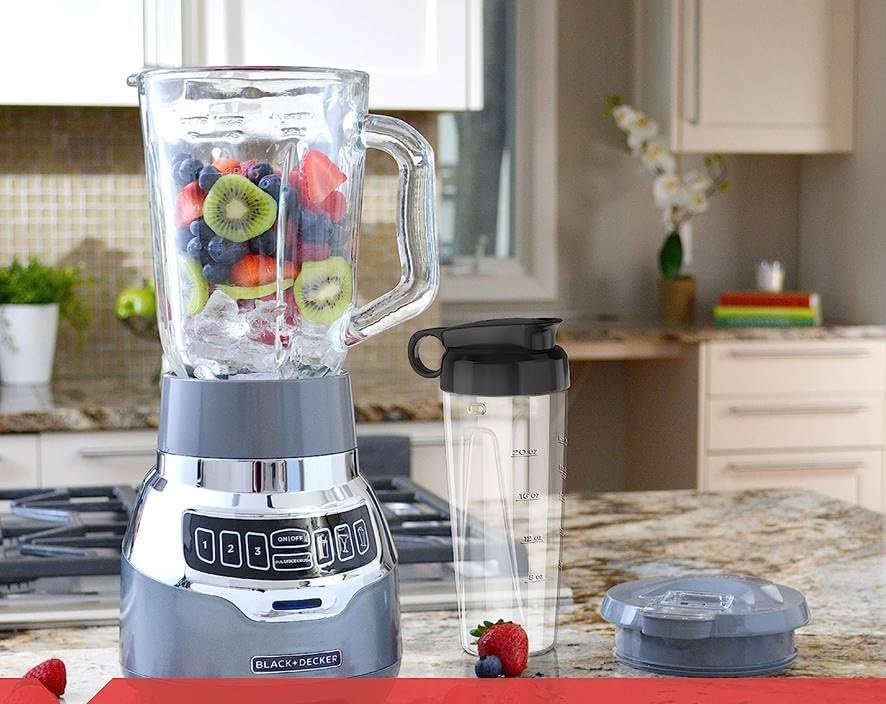 Black+Decker Quiet Blender with 6-Cup Cyclone Glass Jar, 3 Speeds + 3 Functions & Serrated Blade Technology for Faster Blending, Pulse Button and 24-oz Personal Jar, 900W - Image 2