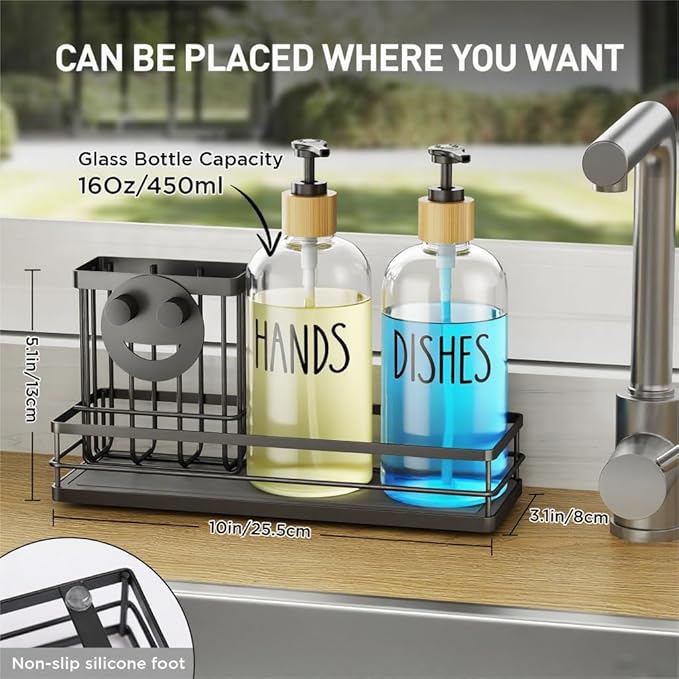 Kitchen Dish Soap Dispenser Set, 16OZ Glass Bottle, Black Tray+Clear Bottle