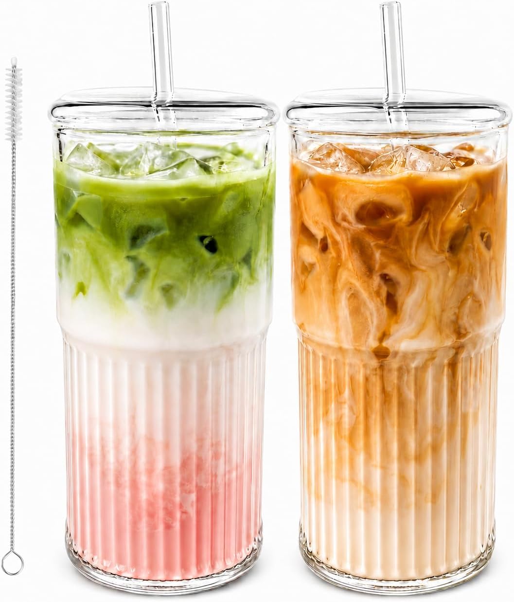 20 oz Glass Cups with Lids and Straws Set of 2, Ribbed Glass Coffee Cups for Iced Coffee, Matcha, Cold Brew, Smoothie, Boba, Reusable Clear Glass Tumbler with Cleaning Brush