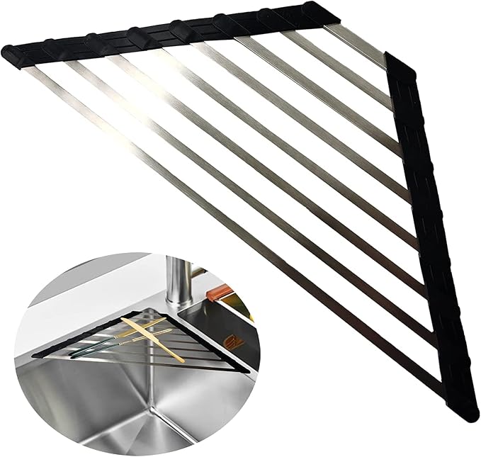 Ahyuan Corner Sink Dish Drainer over the Sink Dish Drying Rack Corner Dish Rack SUS304 Cubic Stainless Still Kitchen Sponge Holder Corner Sink Sponge Caddy Dish Rack (Black)