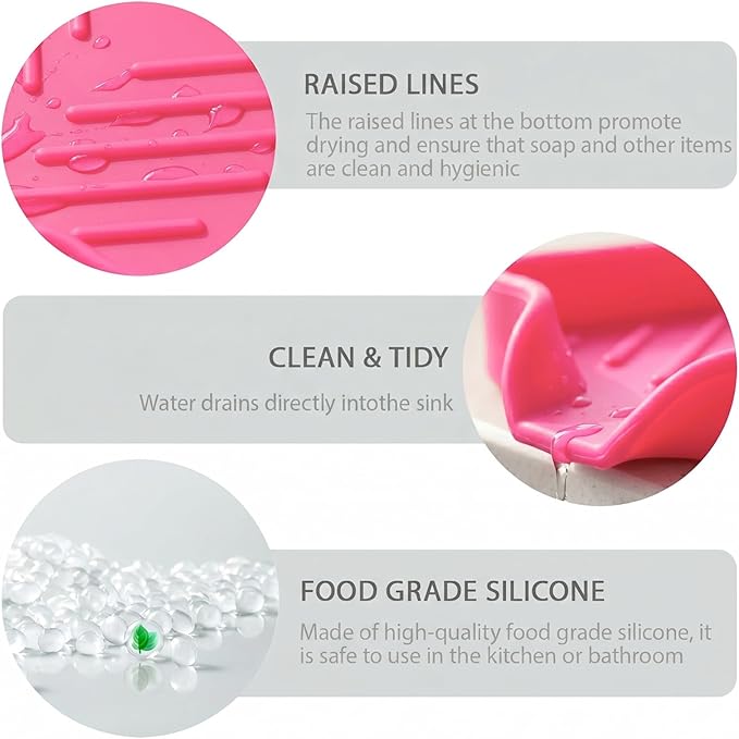 MicoYang Silicone Soap Dish with Drain Spout, Self-Draining Sink Organizer Tray for Bathroom and Kitchen, Sponges, Dispensers and Soap Holder, Non-Slip and Dishwasher Safe, Rose (Compact, 4.9"×3.2")