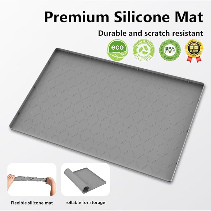 Mateeylife Under Sink Mats for Kitchen Waterproof 28"X19", Undersink Protectors，Silicone Mat Cabinet Liner, Under Sink Organizer for Bathroom and Kitchen，Boot Tray Pet Food Mat, Dark Grey