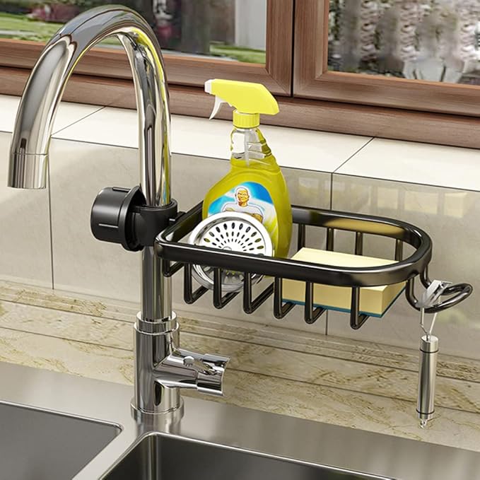 Faucet Sponge Holder Upgraded Kitchen Sink Caddy Organizer with Dish Towels Drying Rack & Hooks Over Faucet Hanging Faucet Drain Rack for Sink Organizer (Basic, Black)