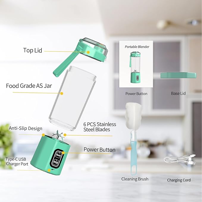 Portable Blender, 360 Watt Personal Blenders with Pulse Mode, Shakes and Smoothies, 6000mAh, BPA Free 24 Oz Blender Cup with 6 Blades and Lid, USB-C, Self Cleaning Portable Juicer, Light green