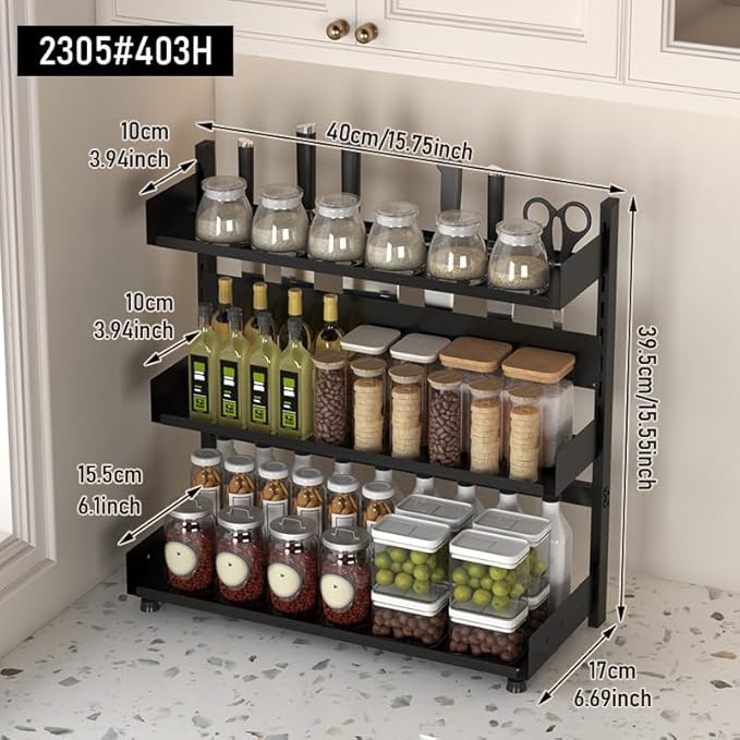 3-Tier Spice Rack Organizer with Knife Holder, Black Metal Counter Storage Shelf, 15.75x15.5x6.69 Inch, Adjustable Height, Detachable Design