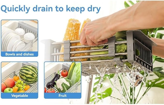 Adjustable Dish Drying Rack with Stainless Steel Drain Basket Over-The-Sink - Portable & Telescopic Space-Saving Solution for Fruit Vegetable