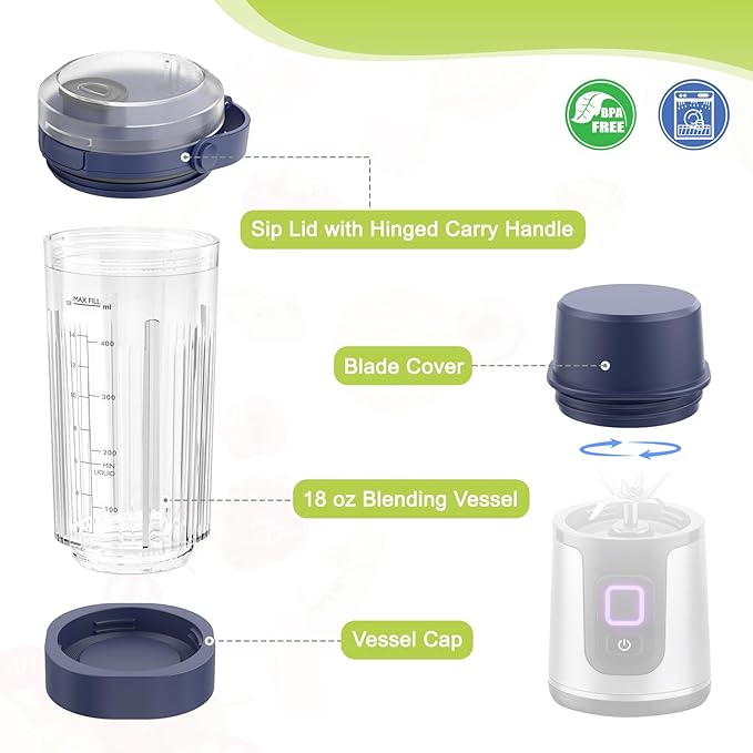 18 oz Vessel Cup Compatible with Ninja Blast Portable Blender, Accessories Sip Lid with Carry Handle, Bottom Cap and Blade Cover Fits for BC150/ BC100 Series Blender (Denim Blue)