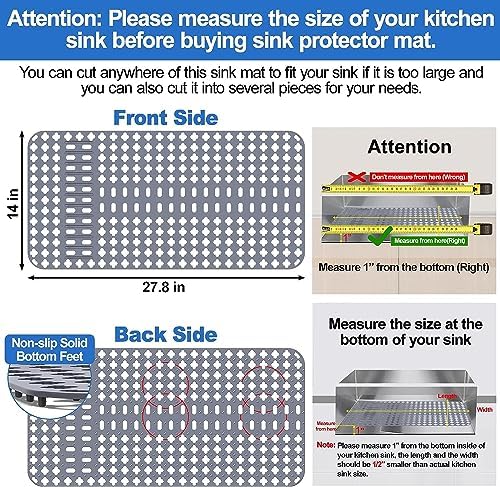 Upgraded Silicone Sink Mat 28"x14" Sink Protectors for Kitchen Sink with Rear Drain/Center Drain,Sink Rack for Bottom of Sink, Kitchen Sink Mats for Bottom of Stainless Steel/Porcelain Sink