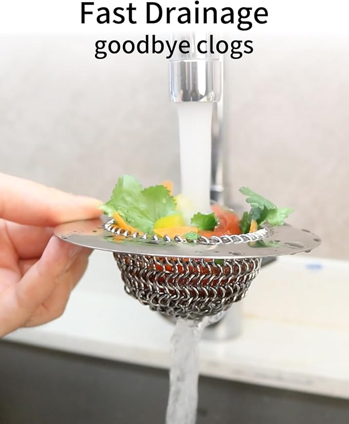 TRAPMATE Kitchen Sink Drain Strainer, Reversible Chain Mesh Sink Strainer, 304 Stainless Steel Anti-Clogging & Easy Clean Sink Strainer Basket, Fits US Standard Kitchen Sink Drains, Dishwasher Safe