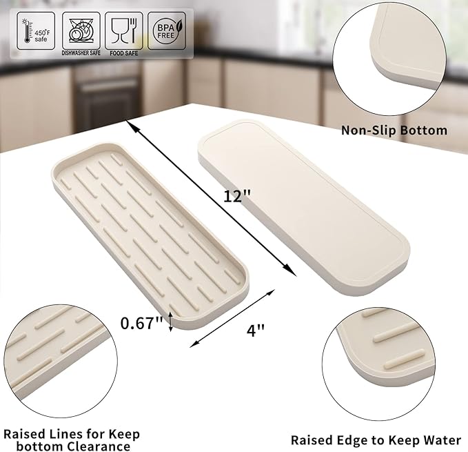MicoYang Silicone Kitchen Sink Organizer Tray for Multiple Usage,Eco-Friendly Sponges Holder for Kitchen Bathroom Counter or Sink,Dish Soap Dispenser,Scrubber,Bottle,Cup (Tapioca, 12"×4")