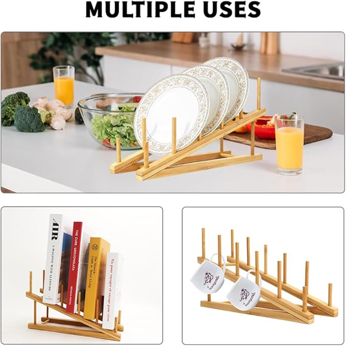 6 Pack Dish Rack Bamboo Drying Rack Wooden Plate Dish Rack Cabinet Organizer Kitchen Pot Lid Stand for Dish, Plate, Cup, Bowl, Cutting Board