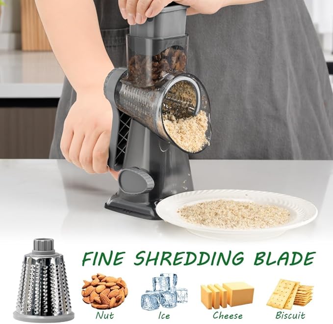 3 in 1 Manual Vegetable Cutter Machine with Stainless Steel Changeable Blades Rotary Cheese Grater Kitchen Tool Potato Slicer Shredder Nuts Chocolate Chopper (Transparent black)