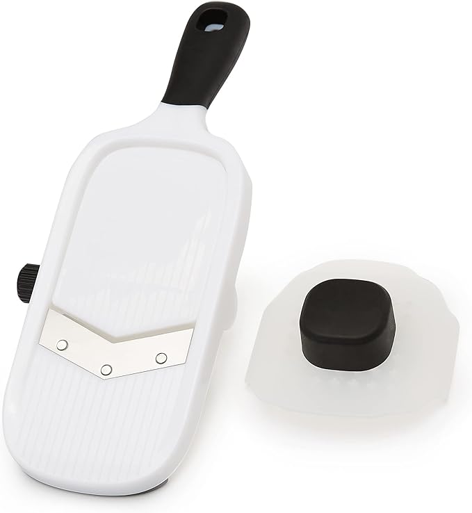 Amazon Basics Hand-held Safe Mandoline Slicer for Vegetables and Fruits, Adjustable Thickness, Stainless Steel Blade, White, 11.3" x 4.5" x 2.5"