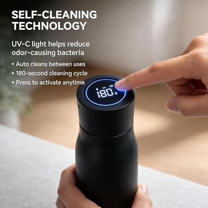 AquaSync Smart Self-Cleaning Water Bottle 17oz Vacuum Insulated Stainless Steel with UV-C Light Technology LED Temperature Display & USB-C Rechargeable Battery