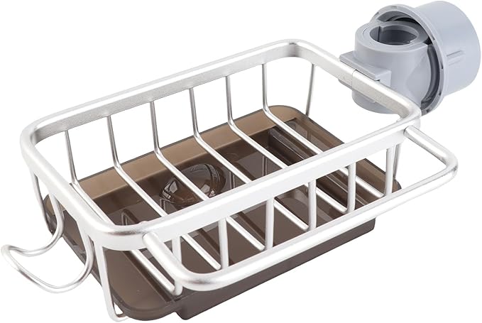 Zerodis Kitchen Sink Faucet Organizer, Space Aluminum Rustproof Dish Sponge Holder with Divider and Drip Tray for Kitchen Dishwashing Sponges Brushes Cloth (Silver)