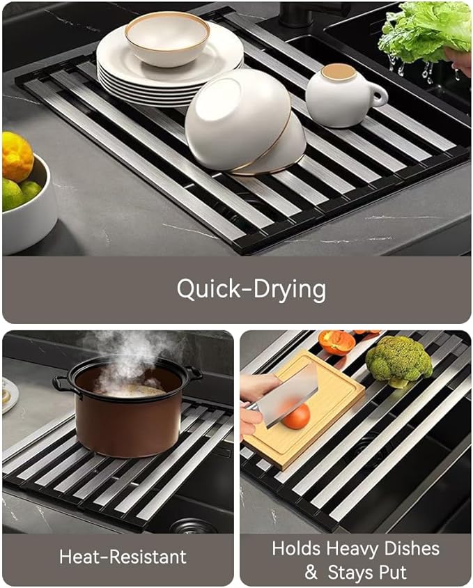 17.72" Dish Drying Rack Over the Sink, 1.28lb Heavy-Duty 304 Stainless Steel, Non-Slip Silicone Edges, Folding Space-Saving for Home & RV Kitchen, Dish Drainer, Cooling Rack & Sink Cover