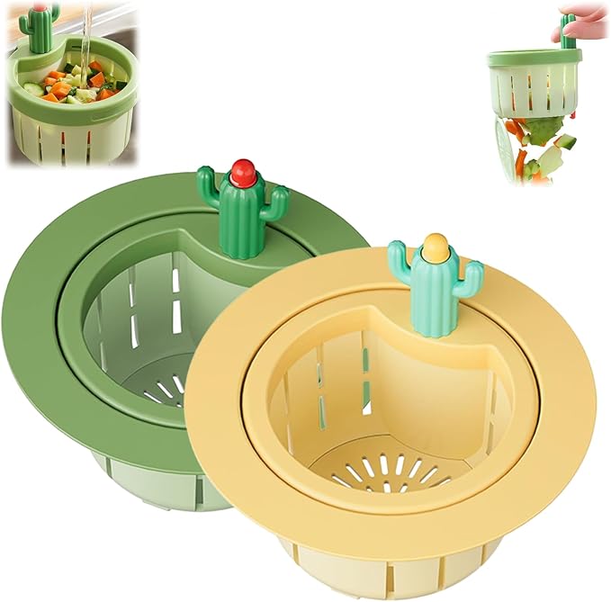Cactus Kitchen Sink Drain Strainer, 2026 Upgrade Press to Dump Basket Waste Collector, Multifunctional Kitchen Sink Drain Strainer Fun Sink Accessory for Home Bathroom (Green + Yellow)