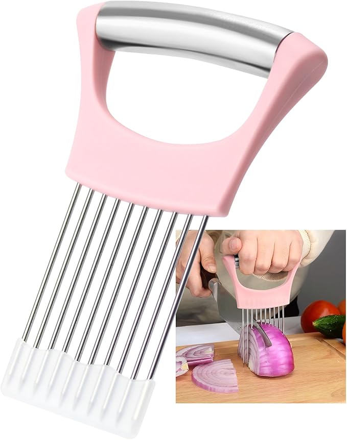 Pink Stainless Steel Onion Holder for Slicing,Onion Slicer Holder, Onion Cutter for Slicing of Onions, Tomatoes,Avocados,Eggs and Other Vegetables,Valentine's Day Gift Kitchen Utensils (Pink)