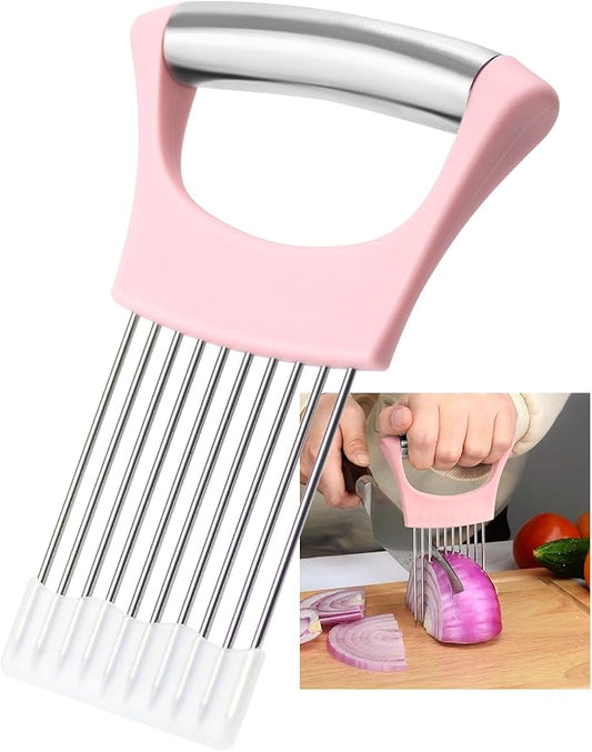 Pink Stainless Steel Onion Holder for Slicing,Onion Slicer Holder, Onion Cutter for Slicing of Onions, Tomatoes,Avocados,Eggs and Other Vegetables,Valentine's Day Gift Kitchen Utensils (Pink)