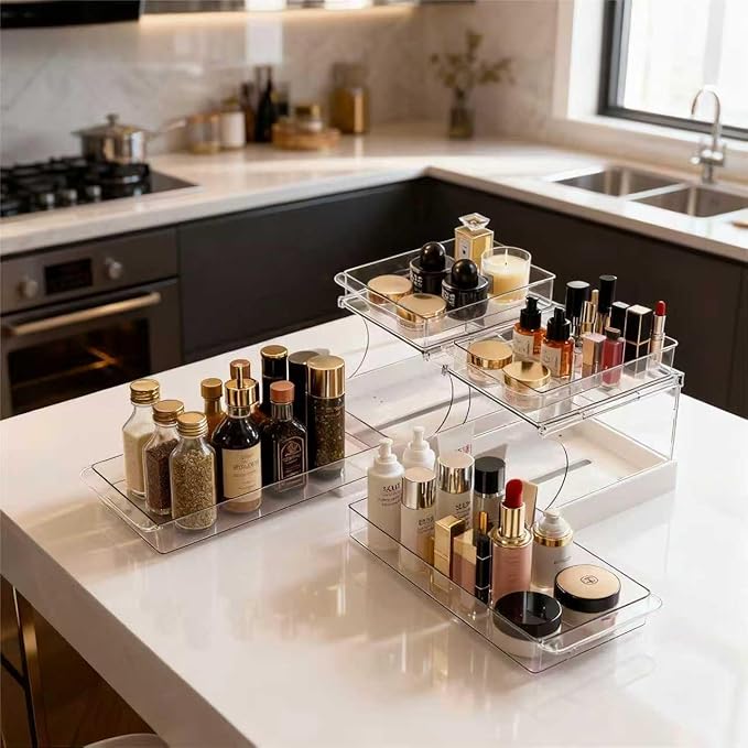 Jsyrjing Pull Out Spice Rack, 2 Tier Clear Cabinet Organizer for Kitchen and Bathroom Storage, Rotating Pantry Organizer and Makeup Organizer for Drawer, Durable Design, 2 Pack Under Sink Organizer