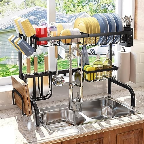 Over The Sink Dish Drying Rack, Adjustable 25.5-33.5 in, 2-Tier, Black