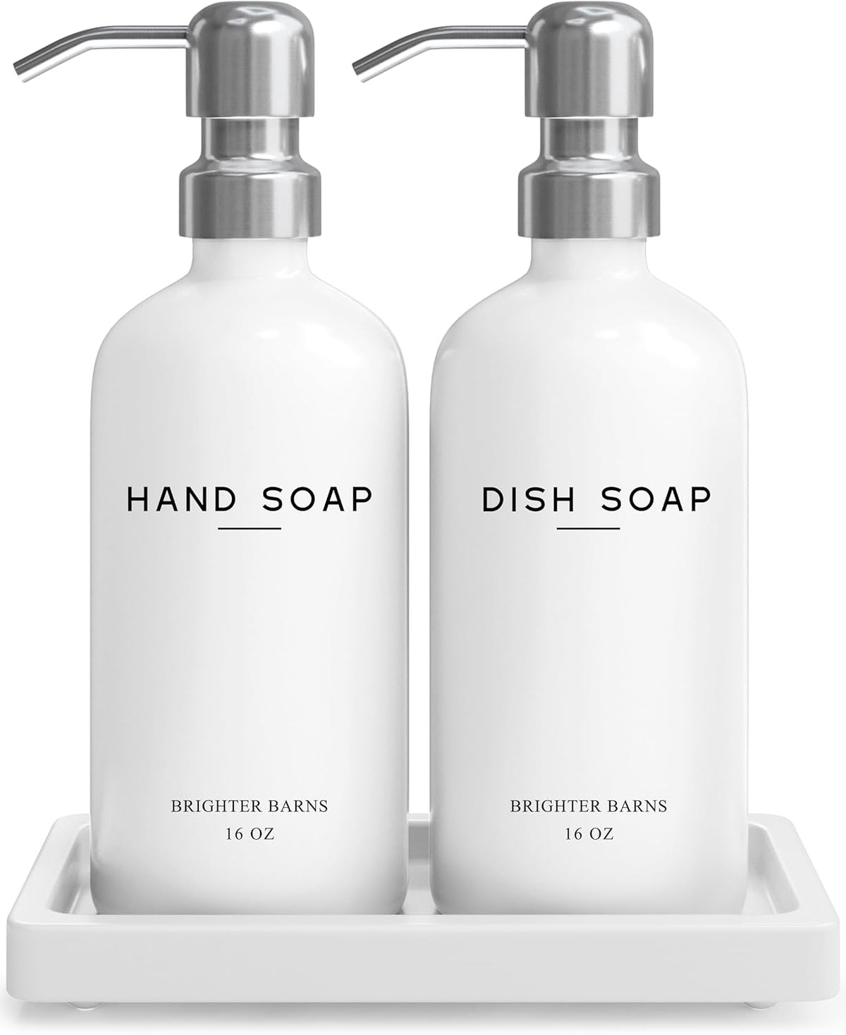 White Glass Hand and Dish Soap Dispenser Set - Kitchen Soap Dispenser Set with Tray & Pump for Office, Hotel, Vacation Rental, Airbnb - Modern Kitchen Decor & Accessories (White)