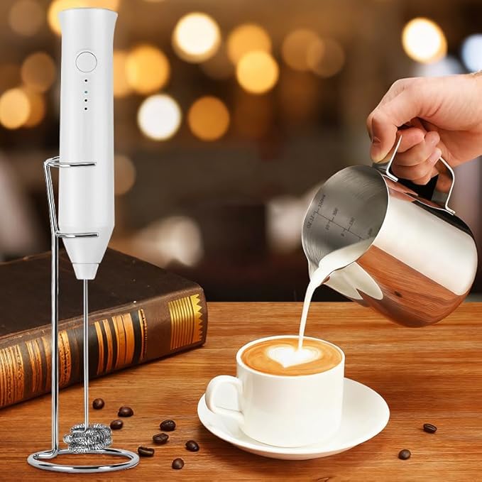 Powerful Milk Frother, Electric Handheld Milk Frother with Stand
