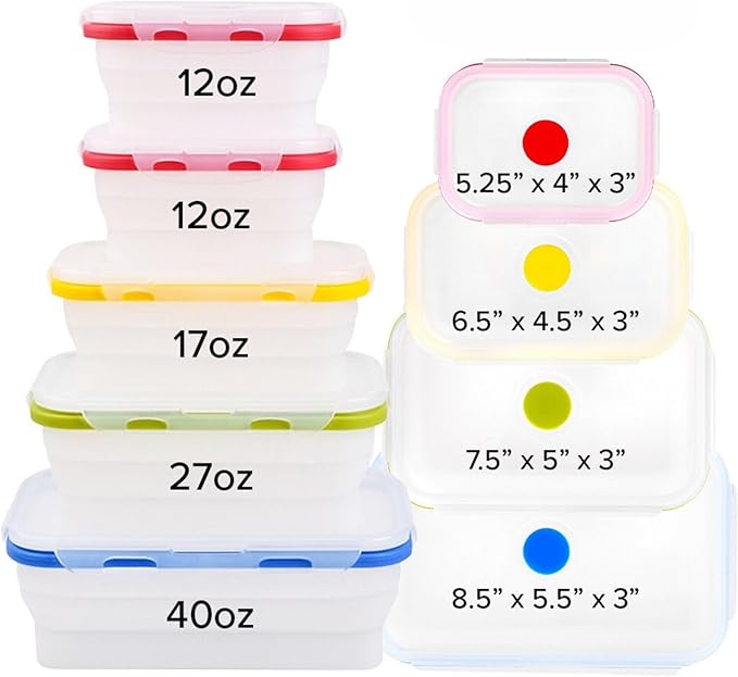 ECOBERI Collapsible Food Storage Containers, Silicone 5 Piece Set, 12/17/27/40 oz, BPA-Free Meal Prep Containers with Airtight Lids, Space-Saving, Freezer and Dishwasher Safe