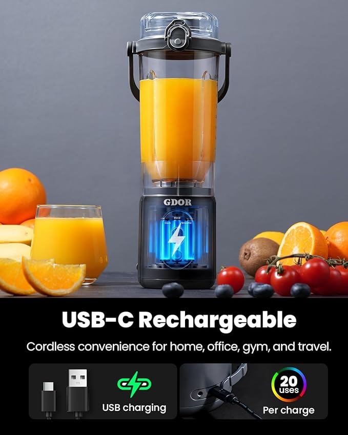 GDOR Cordless Portable Blender for Shakes and Smoothies, Personal Blender with Detachable Base and Twist-and-Go Cup, 3 Auto Programs, 2x23 oz Cups, USB-C Rechargeable, Dishwasher Safe, BPA-Free