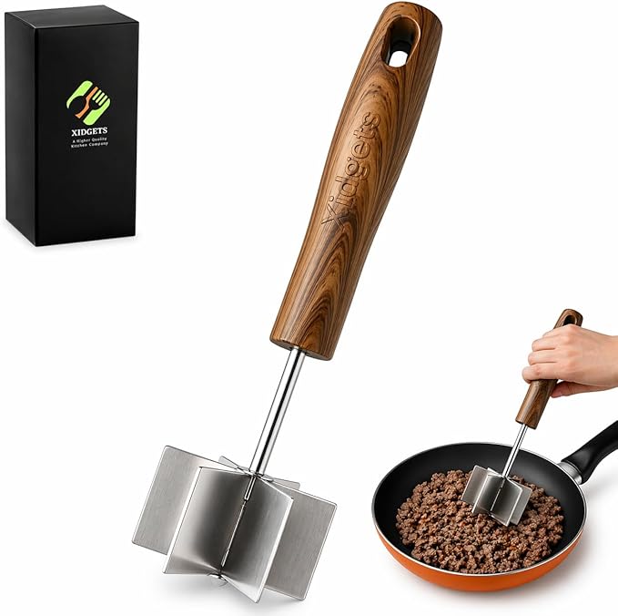 Large Stainless Steel Meat Chopper & Masher | Dishwasher Safe | 6-Blade Ground Beef Chopper Tool | Hamburger Smasher | Oversized Ergonomic Handle | Heat Resistant Grip - 10" (Walnut Wood Veneer 10")