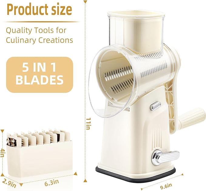 Rotary Cheese Grater with Handle, Vegetable Shredder with 5 Replaceable Blades & Strong Suction Base, Round Food Slicer & Chopper for Kitchen Fruit Vegetables Nuts with Blade Storage Box (Beige)