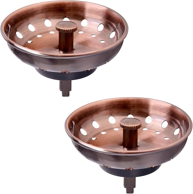 KONE Copper Kitchen Sink Strainer Basket, 2 Pcs Stainless Steel Antique Copper Sink Drain Strainer and Sink Stopper for Standard 3-1/2 inch Sink Drain, with Metal Center Knob and Rubber Drain Stopper