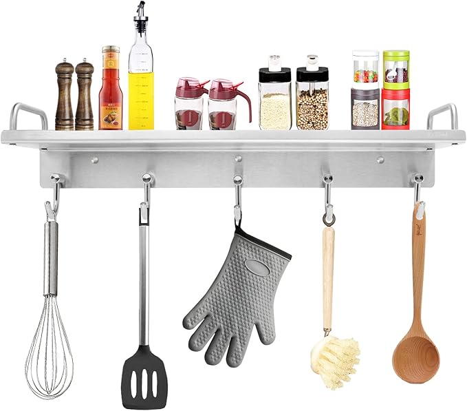 Audmore Kitchen Utensil Rack, Spice Rack with Hooks Wall Mount, Over the Stove Shelf, Stainless Steel, Hanging Storage Wall Shelf for Spatula Spoon, Seasoning Jar Organizer