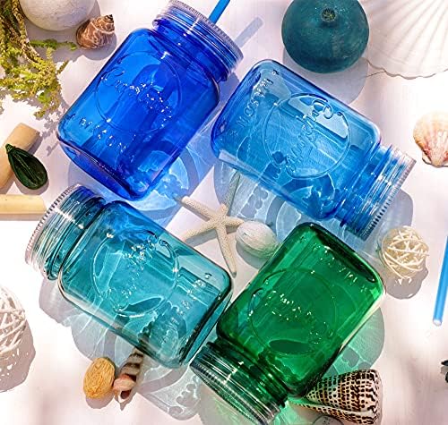 Acrylic Mason Jar Tumbler Mugs with Lids & Straws - 20 oz, 6 Pack (Cool Lagoon)