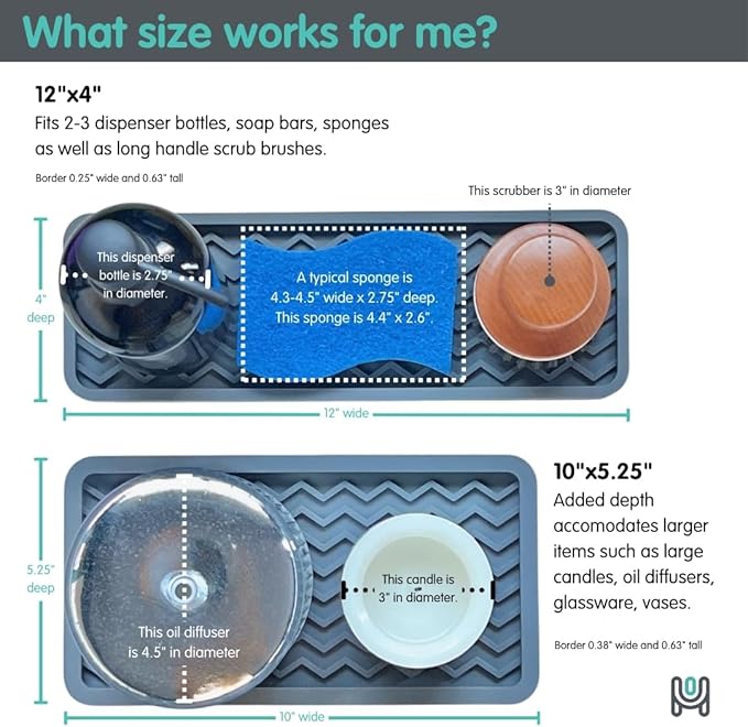 Silicone Sink Organizer Tray, Rectangular, Modern Style, Heat Safe, Dishwasher Safe, for Bathroom and Kitchen Organization (Black, 12"x4", Chevron Pattern)