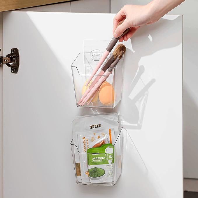 Clear Inside Cabinet Door Organizer, 6 Pack Plastic Wall Storage Bin Adhesive, Vertical Versatile Caddy Makeup Brush Pen Holder for Small Spaces in Bathroom, Office, Kid's Room Organization, No-Drill