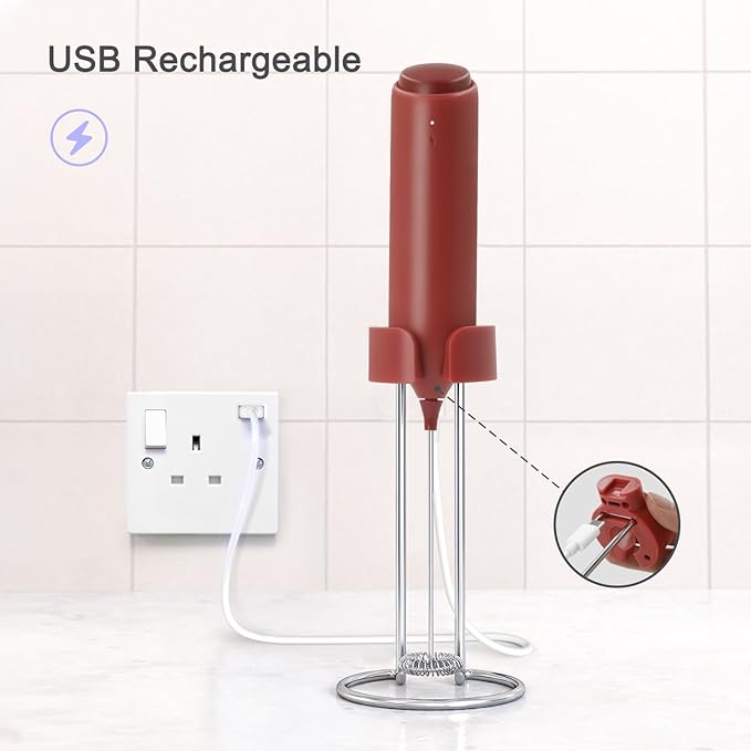 Rechargeable Coffee Frother by ELMWAY, Electric Milk Frother with Charging Stand & Wall Mount, Handheld Drink Mixer, Foam Maker for Coffee, Matcha - Red
