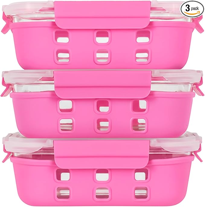 ECOBERI Glass Meal Prep Containers with Silicone Sleeves, 3 Piece 4.5 Cup Set, Borosilicate Glass Food Storage with Leak-Resistant Lids, Oven, Microwave, Freezer and Dishwasher Safe