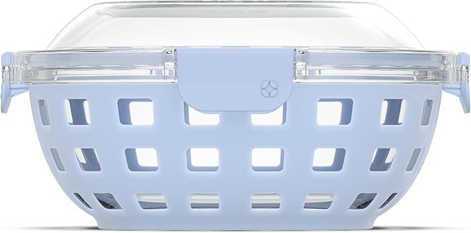 Ello DuraGlass Food Storage Glass Lunch Bowl Container - Meal Prep Container with Silicone Sleeve and Airtight Lid, 5 Cup, Blue