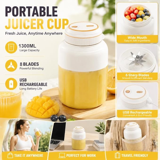 2026 Upgrade Portable Household Appliances Juicer,46oz Personal Size Blender for Shakes and Smoothies, Dual Lid Compact Travel Drinking Cup Wireless USB Rechargeable for Office Outdoor (Blue1)