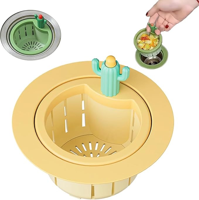 Cactus Kitchen Sink Drain Strainer, 2026 New Upgrade Self-Cleaning Press Dumping Basket, Faucet Hanging Filter Basket, Food Residue Collector Kitchen Bathroom Accessory (Yellow)