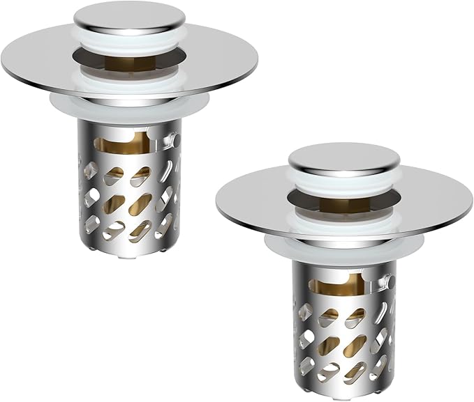 iFealClear 2 Pack All Metal Bathroom Sink Stopper, Pop Up Sink Drain Strainer with Removable Stainless Steel Filter Basket, Universal for 1.1"-2.36" Sink, Brass Bounce Core, Hair Catcher, Chrome