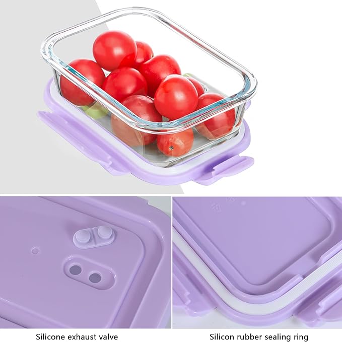4Pack 13oz/0.37L Glass Meal Prep Containers with Lids, Glass Storage Containers with Lids, BPA-Free, Pantry Organizers and Storage, Freezer to Oven Safe (Purple)