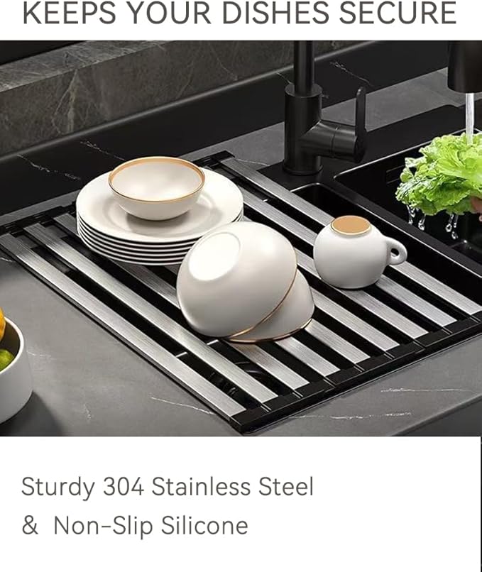 17.72" Dish Drying Rack Over the Sink, 1.28lb Heavy-Duty 304 Stainless Steel, Non-Slip Silicone Edges, Folding Space-Saving for Home & RV Kitchen, Dish Drainer, Cooling Rack & Sink Cover