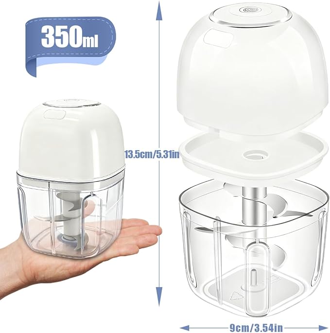 Electric Garlic Chopper, Portable Food Processor 350ML Rechargeable USB C Vegetable Blender with 6 Stainless Steel Blades Safty Lock, Cordless Mini Chopper for Onion Nuts Chili Herb Meat