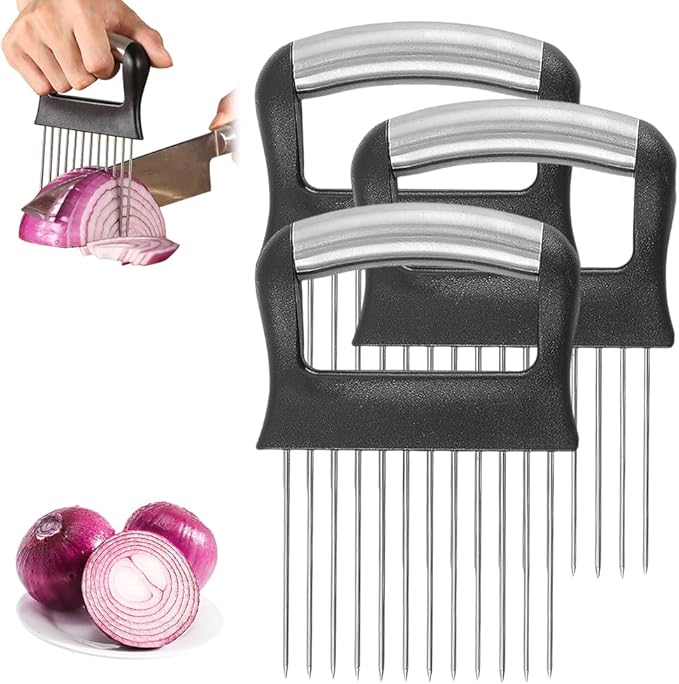 Onion Holder for Slicing, 2025 New Stainless Steel Onion Slice Holder Lemon Slicer Vegetable Cutter, Kitchen Chopper Slicing Assistant Tool for Meat, Onion, Potato, Tomato (A-3PCS)