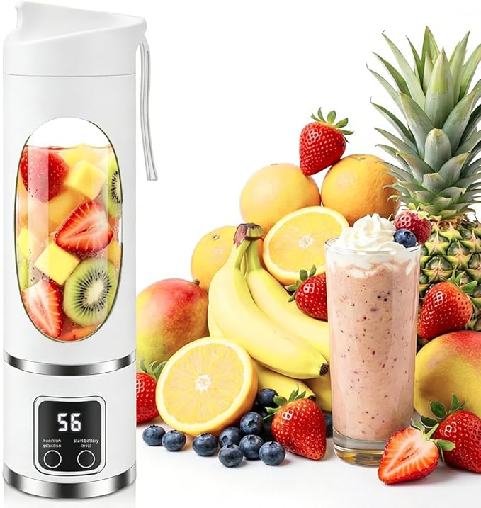 Portable Personal Blender, 500ML Cordless Compact Travel Juicer for Shakes and Smoothies, Small Blenders with Smart time display, Self-cleaning, BPA Free Cup & Lid, 12 blades, USB-C Rechargeable White