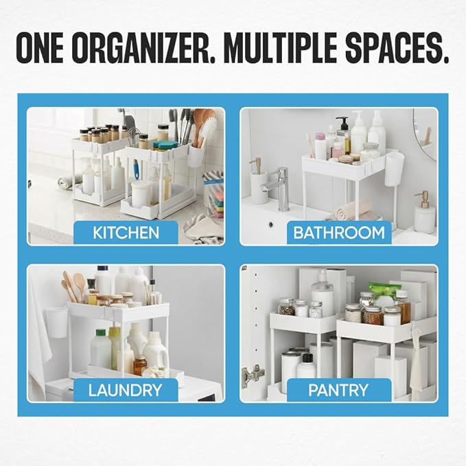 Undersink Organizer, 2-Tier Under Sink Storage Rack with Sliding Drawers for Kitchen Bathroom Cabinets, Pull Out Organizer for Pantry, Laundry Room & Closet Organization - 1 Pack, White