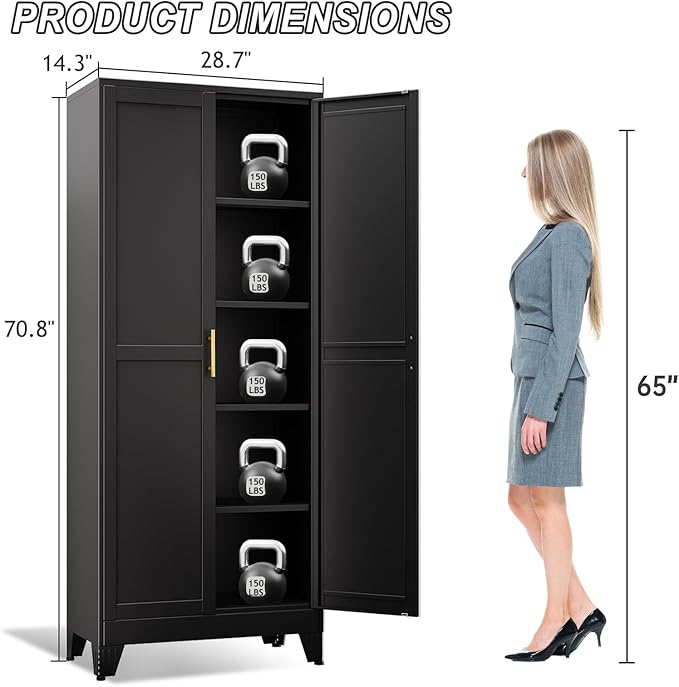 winiowa Metal Pantry Cabinet with 2 Doors and Adjustable Shelves - 71" Kitchen Storage Cabinet with Gold Handles - Versatile Storage for Kitchen, Bathroom, Dining Room, Utility Room - Black