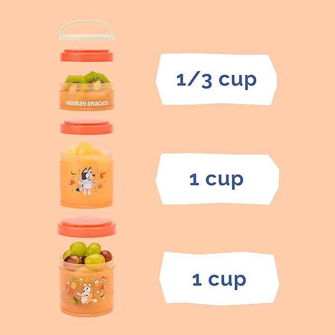 Whiskware Bluey Stackable Snack Containers for Babies, Toddlers, and Kids, 3 Stackable Snack Cups for School and Travel, Cupholder Friendly, Bluey and Bingo! Hooray Snacks!